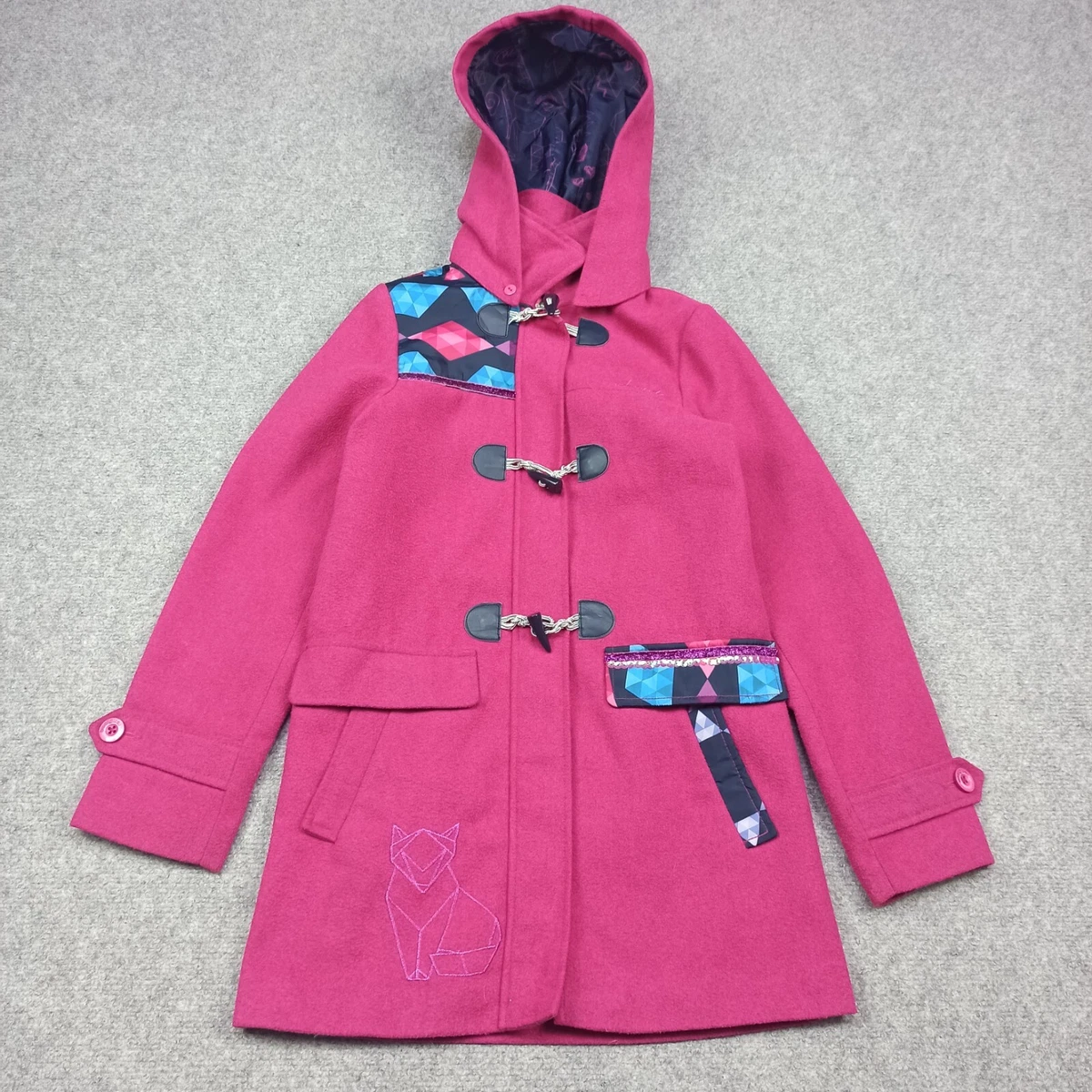 Desigual Filles 10 Manteau Laine 11 12 Y O 150 CM Rose Zip Entier Long Bouton