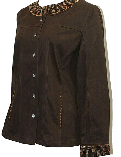 Quacker Factory Brown Twill Jacket Animal Print Rhinestones Trim Pockets NWT 8 - Picture 4 of 9