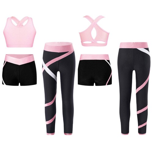 Kids Girls Sets Yoga Sportswear U Neck Crop Top With Shorts And Pants 3 Pieces - Picture 16 of 26