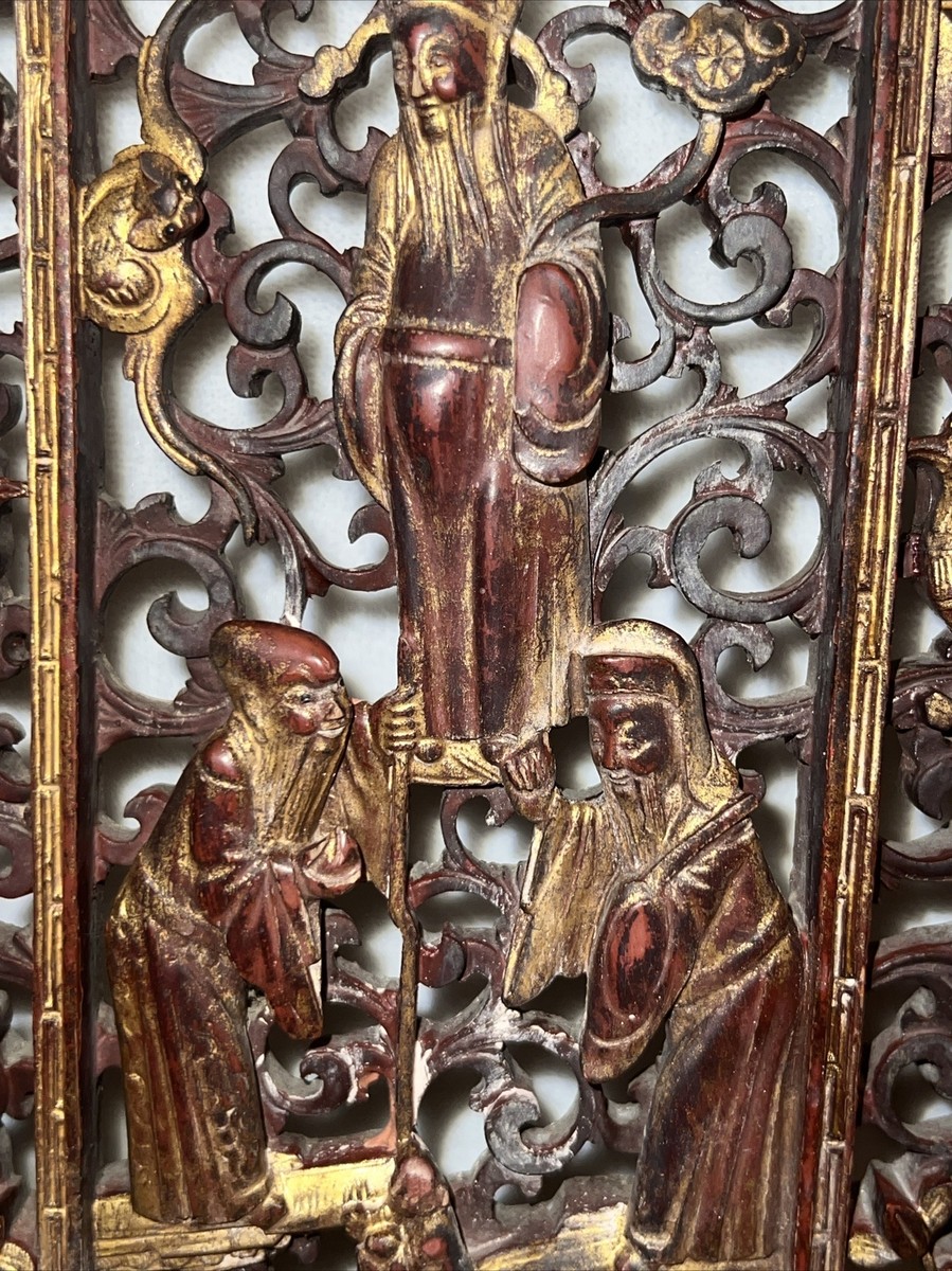 Chinese Lacquer Figures Wood Carved Wall Panel STAMPED QING
