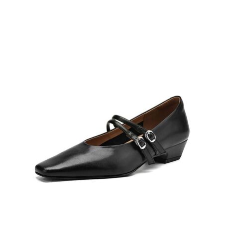 Damenschuhe Leder eckige Zehenpartie doppelte Schnalle Riemen niedriger Absatz Mary Jane - Bild 13 von 15