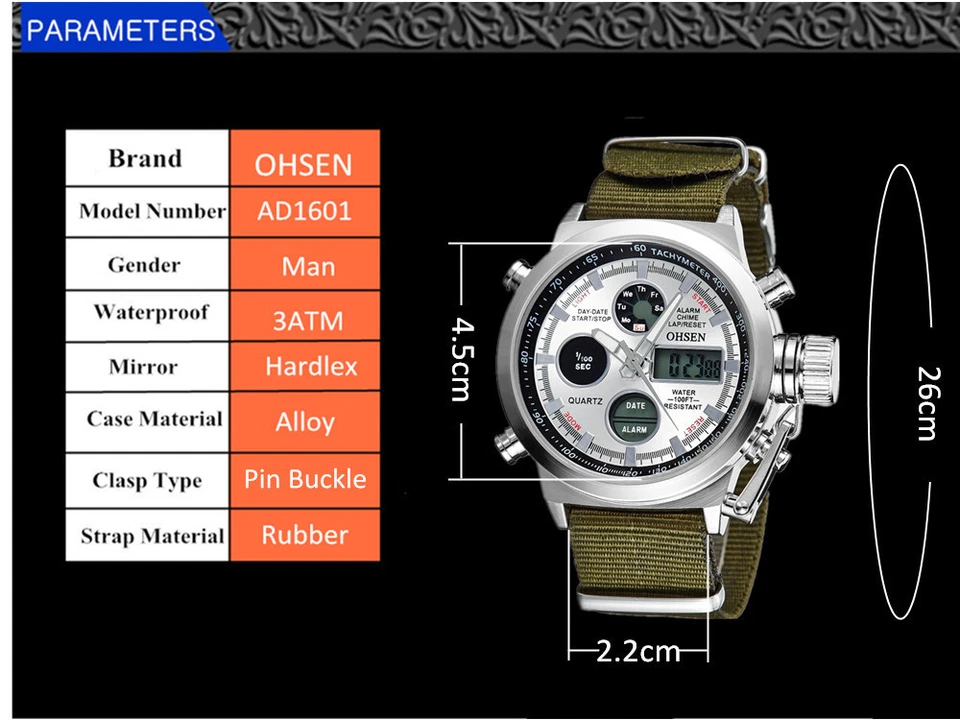 OHSEN Men Watch LED Digital Quartz Dual Time Male Military Nylon Wrist Watches - Image 4 of 4