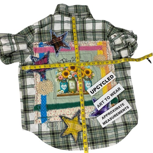 Flannel Shirt Shacket Womens XL Christian Grunge Patchwork Folk Art Upcycled - Picture 2 of 14