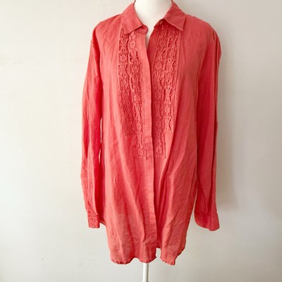 Max Studio Women Linen Cotton Crochet Lace Button Down Top 2X Coastal Casual
