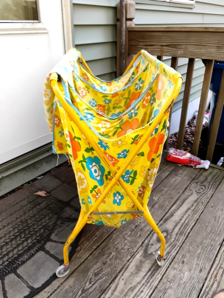 Flower Power Vintage Laundry Cart MCM Rolling Basket Industrial Sorter Hamper - Image 2 of 4