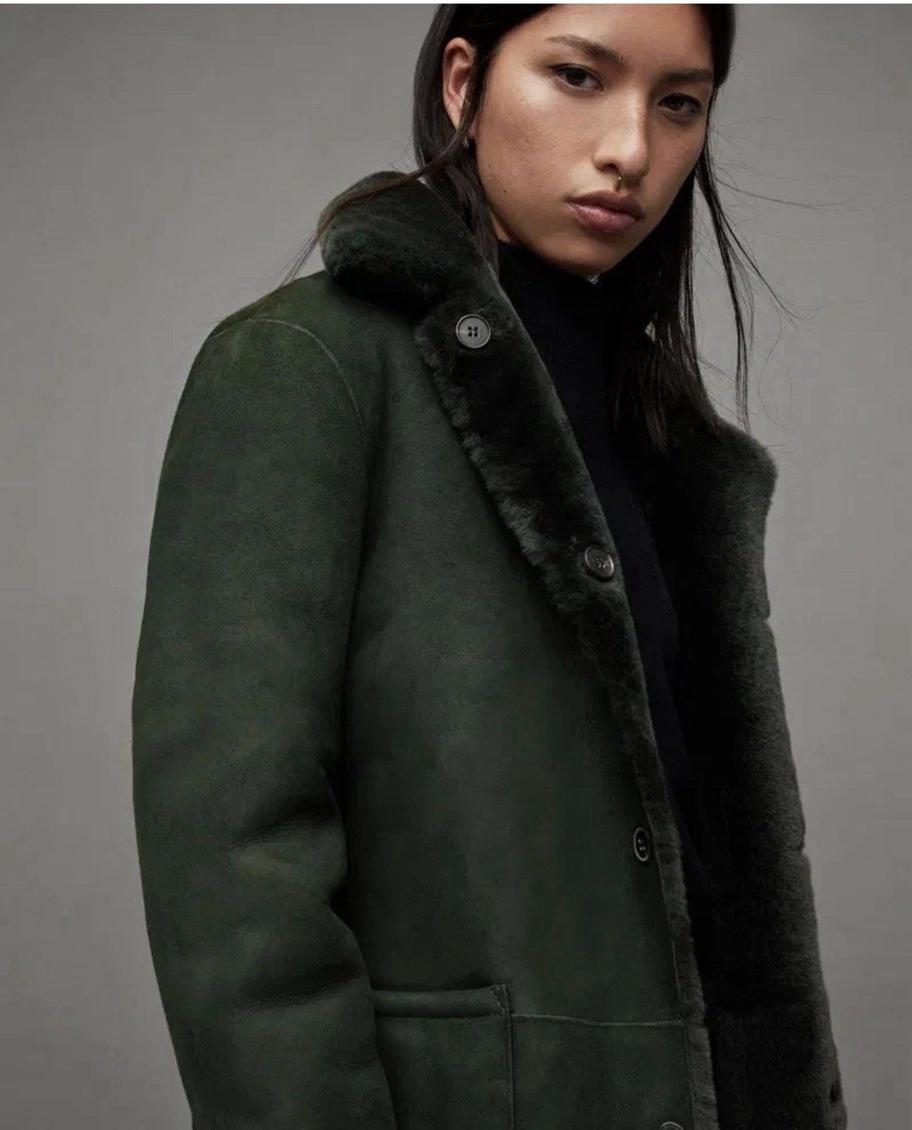 All Saints Serra Reversible Shearling Coat Sycamore Green Medium NWT
