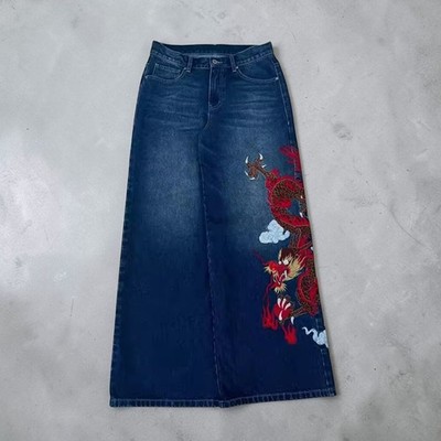 Y2K Red Dragon Embroidery Wide Leg Jeans Dark Blue High Waist Streetwear Denim