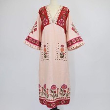 Farm Rio Multicolor Linen Nature Embroidered V Neckline Tunic Maxi Dress
