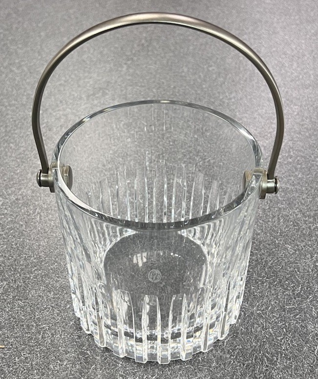 Baccarat Rotary Crystal Ice Bucket with Silver Metal Handle 5" Small Chip