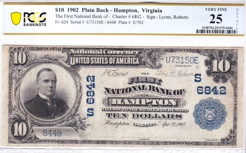 $10 1902 PB National HAMPTON Virginia VA ๐บ๐ธ Mega Rare! Only 3 on Census ๐บ๐ธ