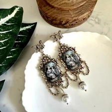 Rococo Reverie Painting Gold Earrings Baroque Regency Rhinestone Vtg Style NEW