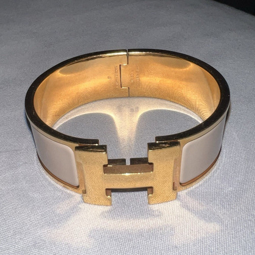 Hermes Clic Clac H Cream Enamel Gold Plated Wide Bracelet