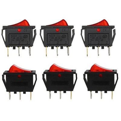 6 PCS Red Light Rocker Switch SPST OnOff Toggle 3 Pin AC 250V 16A KCD3 Boat