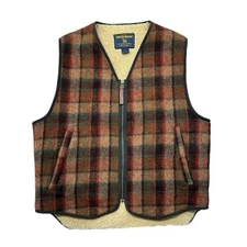 Vtg Woolrich Sherpa Lined Wool Vest Mens M Plaid Pockets Hunting Made in USA