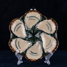 Antique French Oyster Plate LONGCHAMP Green Majolica FREE SHIPPING 1880