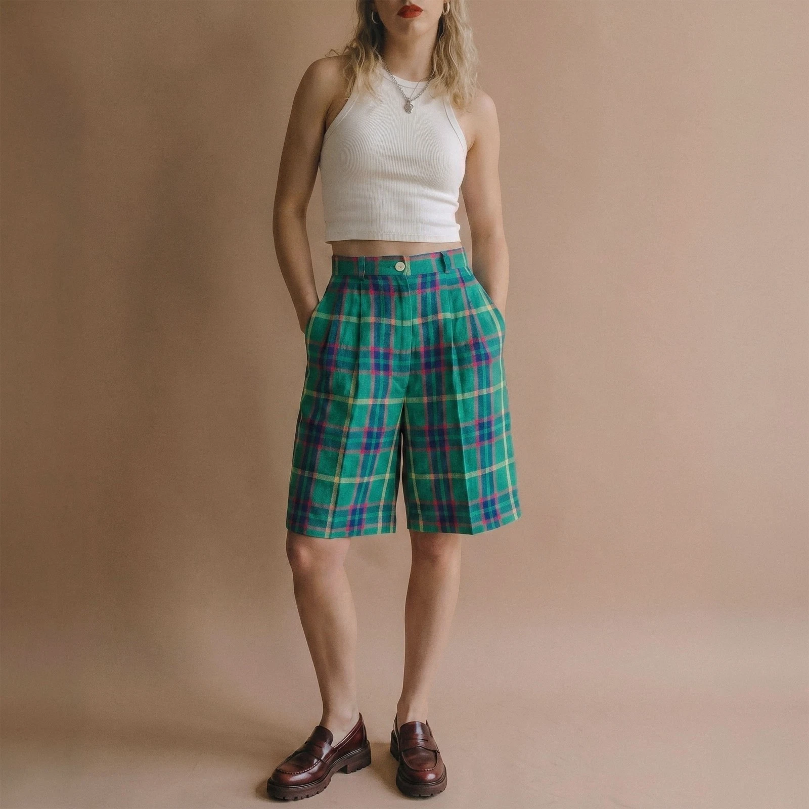 Vintage 90s Talbots Linen Plaid Shorts Women 4P Pleated High Rise Prep Academia
