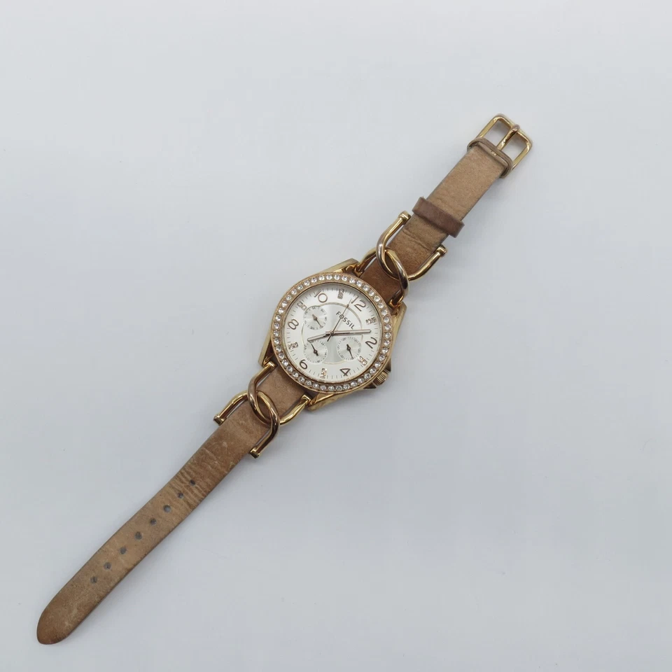 Женские часы Fossil 37 мм безель со стразами золотистый коричневый кожаный ремешок, ходовые * - Изображение 2 из 4