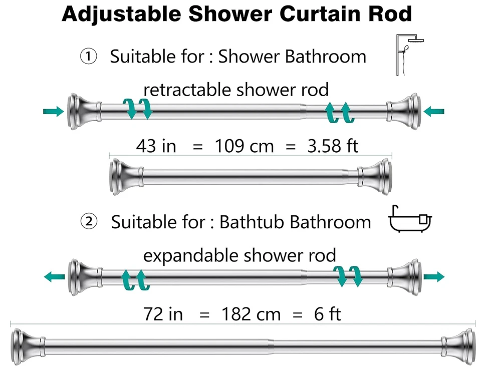 Adjustable Tension Rod Chrome Shower Curtain Rods, 43-72 In, Rust Resistance, - Image 4 of 4