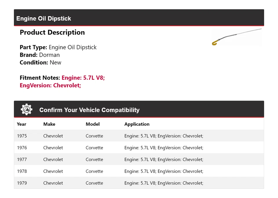 Varilla de medición de aceite de motor Dorman V8 5,7 L 1976 1977 para Chevrolet Corvette 1975-1979 Foto 2 de 4