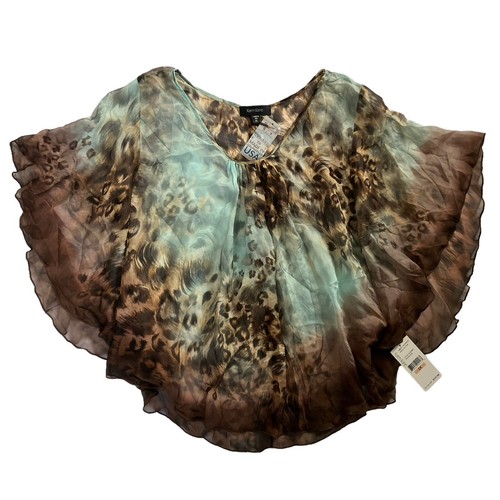 NWT KAREN KANE 100% Silk Blouse Womens 2X Aqua Leopard Angel Sleeves Sheer $137 - Picture 1 of 9