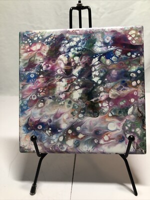 Original Acrylic Pour Painting Bloom On A Square 6'' Ceramic Tile/trivet