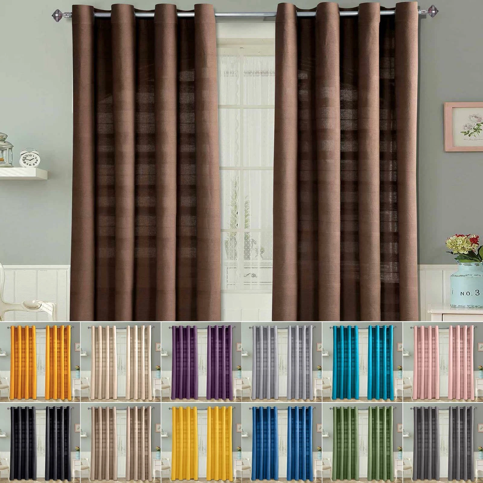 Rajput Ribbed 100% Cotton Ring Top Eyelet Curtain Pair - 9 Colours Available