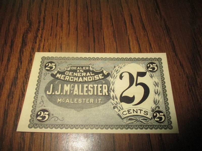 1900s TWENTYFIVE CENTS JJ McALESTER MERCHANDISE SCRIPT INDIAN TERRITORY CURRENCY