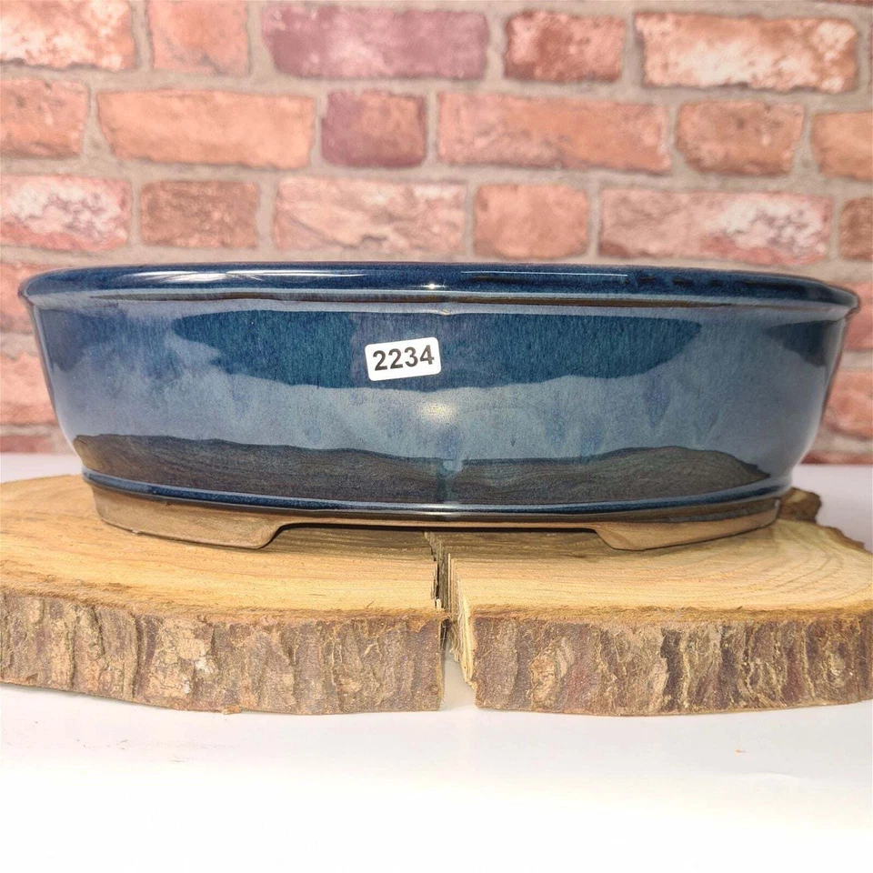 YORKSHIRE BONSAI 32cm Glazed Bonsai Pot | Oval | 32cm x 25cm x 9cm | Blue