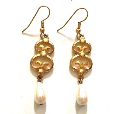 Vintage Matte Gold-Tone Ivory Faux Pearl Drop Dangle Hook 2.1'' Earrings