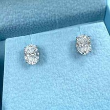3Ct Lab Created Oval Cut Diamond Solitaire Stud Earrings 14K White Gold Plated