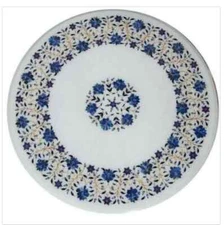 18'' white Marble Table Top center Coffee Antique mosaic Inlay lapis decor q56