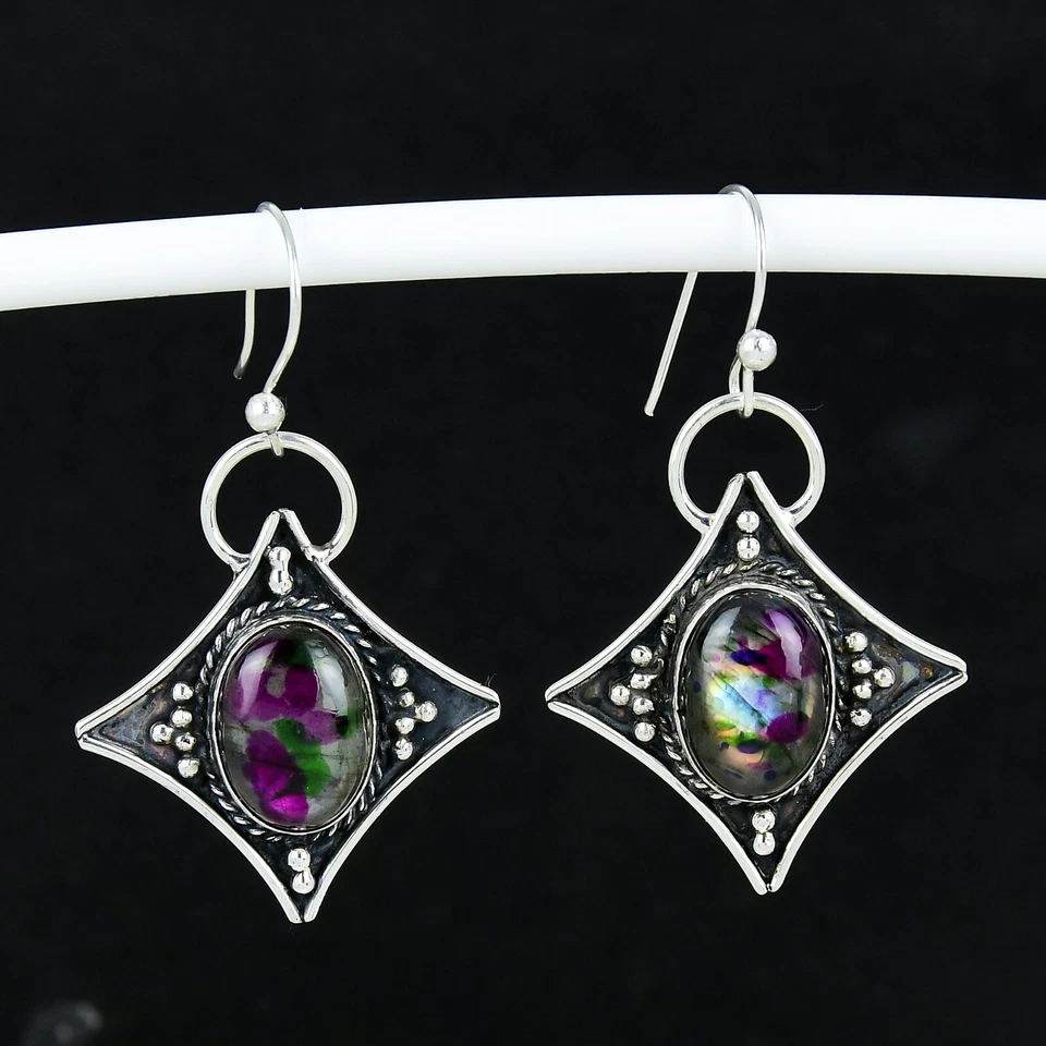 Colorful Labradorite 925 Sterling Silver Handmade Jewelry Earring Birthday Gift - Image 4 of 4