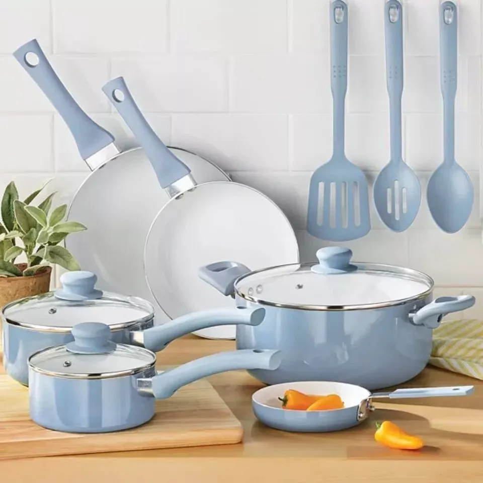 12PC ceramic cookware set Blue Linen Posts and Pans set kitchan cookware set
