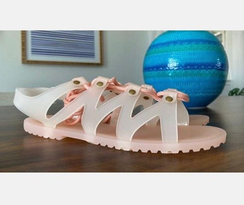 NIP! JELLY LACE UP SANDALS SHOES SZ 7 38 FABULOUS PINK CORAL COLOR - 第 5/8 張圖片