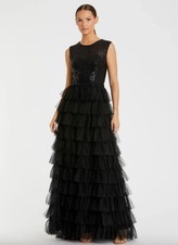 Mac Duggal Black Ruffle Tiered High Neck Sequined Gown Size 6 Style # 26055