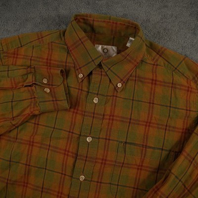 Viyella Shirt Mens Medium Orange Green Plaid Wool Blend Button Down Vintage USA
