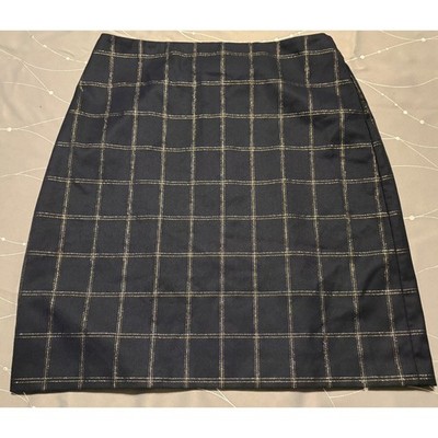 Banana Republic Navy Blue Gold Metallic Windowpane Plaid Pencil Skirt Size 4