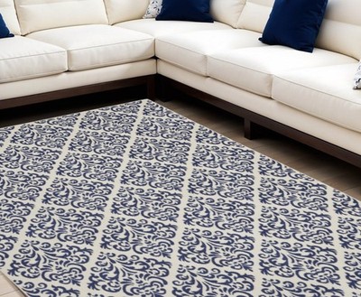 7' X 10' Blue and White Damask Power Loom Area Rug