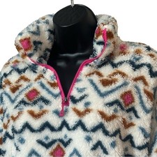 NWT Eddie Bauer White  Multicolor Plush 1/4 Zip Pullover Aztec Preppy Festival