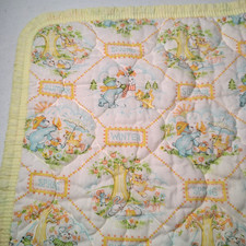 Vintage Baby Blanket Quilted Yellow Animals Bear Bunny Cat Seasons Changing