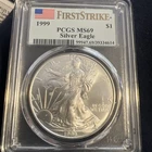 1999 $1 AMERICAN SILVER EAGLE PCGS MS69 FLAG FIRST STRIKE LABEL