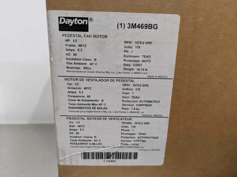 Dayton 3M469BG Pedestal Fan Motor 1/3HP ENC TEAO 1075, 2 Speed RPM Single Phase - Image 2 of 4