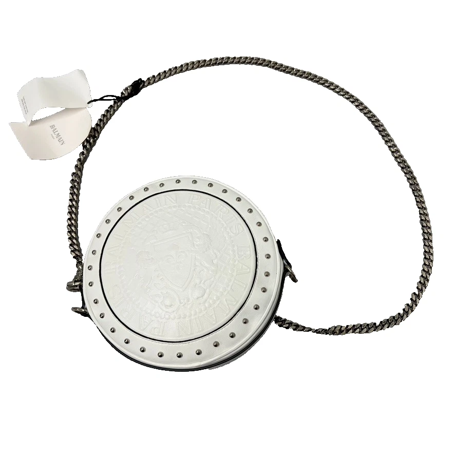 Balmain — Balmain Disco Leather Circle Crossbody Shoulder Bag White Small Chainlink Strap