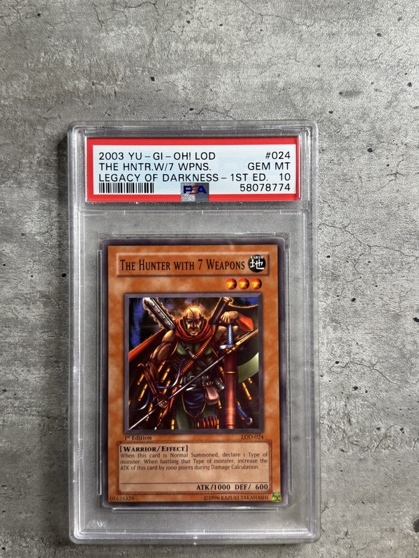 Yugioh Card 1st Ed. Hunter With 7 Weapons PSA 10, Legacy Darkness LOD-024 2003