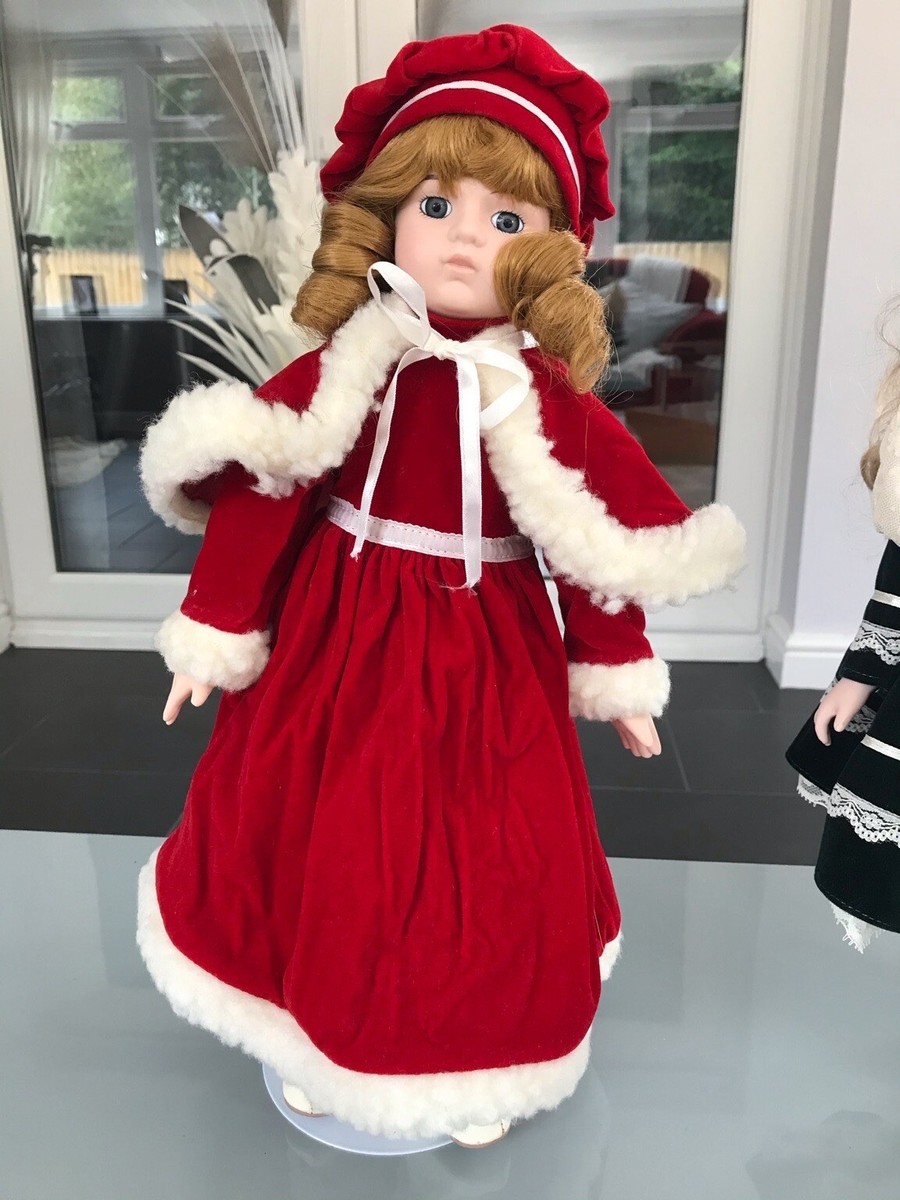 porcelain doll red velvet dress Vintage Christmas Ornament - Vintage Musical Porcelain Doll in