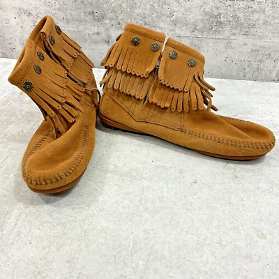 Minnetonka Double fringe Bottes Mocassins Femmes Taille 7 République Dominicaine - Photo 1/4