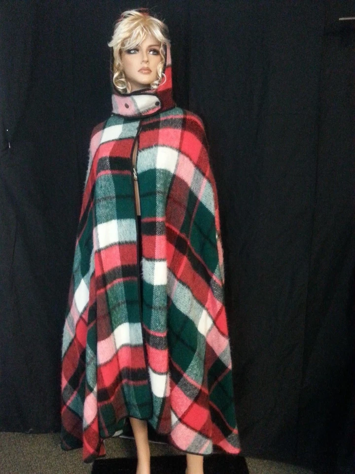 Poncho de Colección Años 70 Largo a Cuadros Capa Abrigo Abrigo Manta Abrir Desprendimiento Capucha Difusa Talla Única Foto 3 de 4