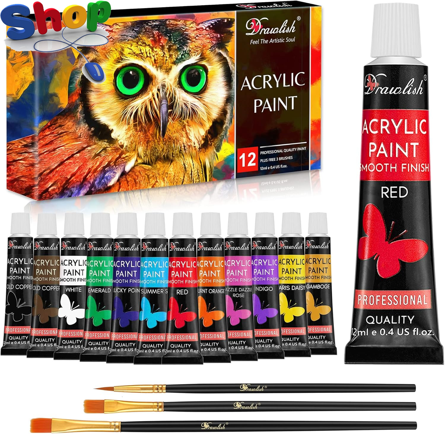 Acrylic Paints Set of 12 with 3 Paint Brushes & (12Ml) Tubes | Highly-Pigmented