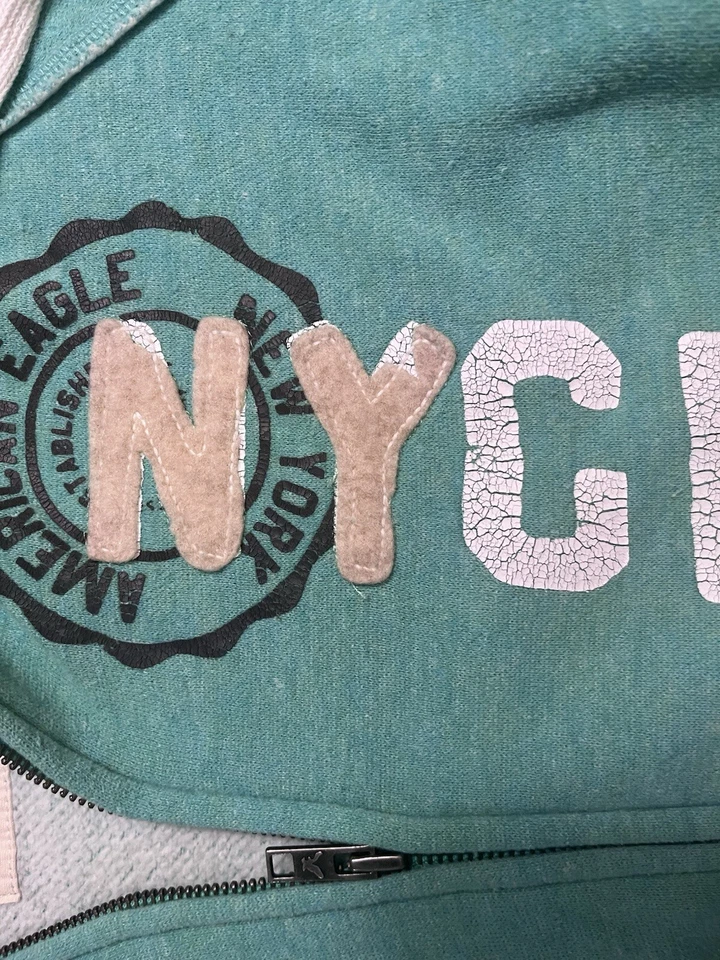 American Eagle NYC Hoodie Size Large Teal Green Zip Up Sweatshirt Sherpa-Lined - Image 4 of 4