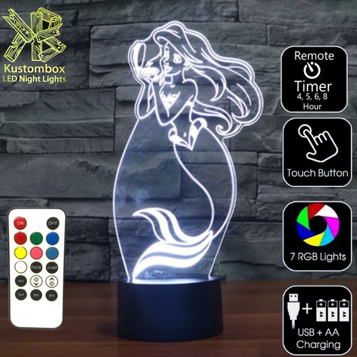 LITTLE MERMAID ARIEL 3D LED Night Light 7 Colour Change Room Lamp Battery USB - Picture 3 of 12